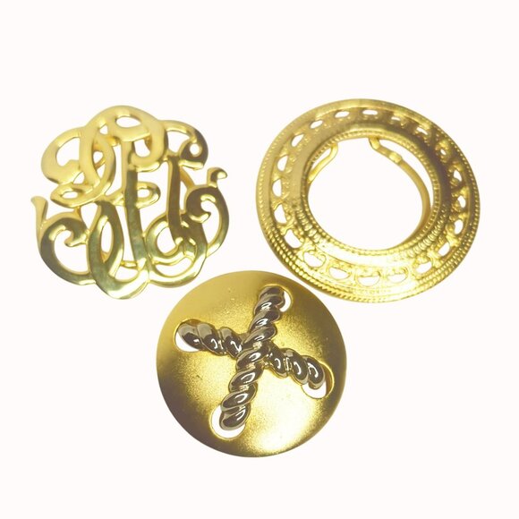 Vintage Gold-Tone Scarf Clips Set Of 3 With Ornate Monogram Designs - Picture 1 of 4